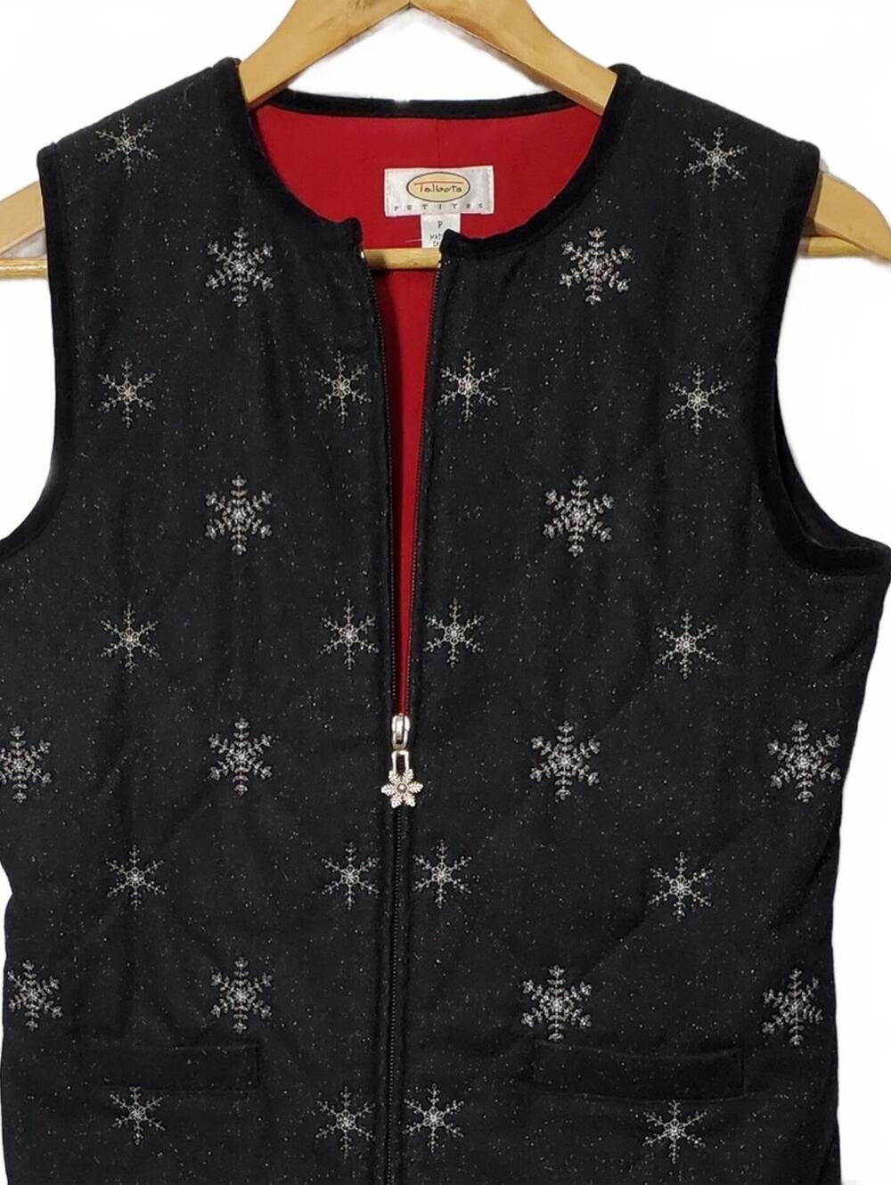 TALBOTS Petites Black Snowflake Quilted Vest Women’s Zip Front Winter